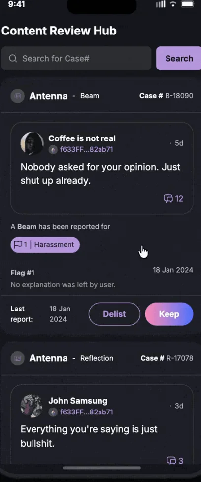 Vibes, AKASHA World. The moderation queue: the reported author and the decision buttons.