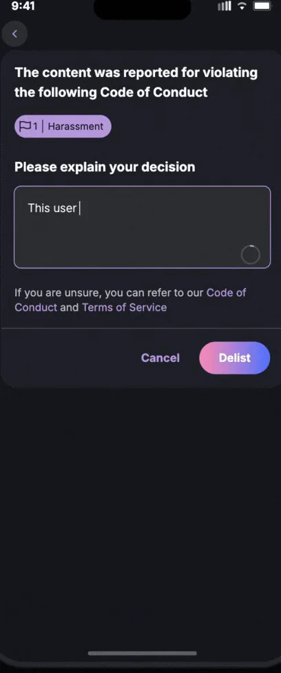 Vibes, AKASHA World. A moderation decision: a textarea, inline links, and Cancel and Delist.