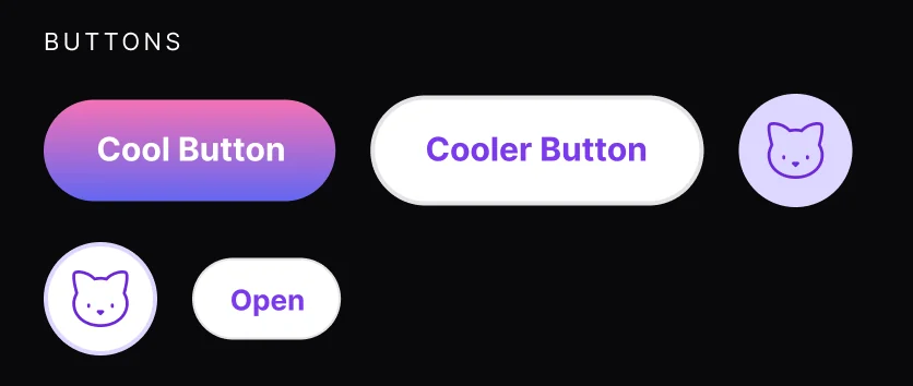 Button styles in the Figma library, including the gradient default and icon-only buttons.