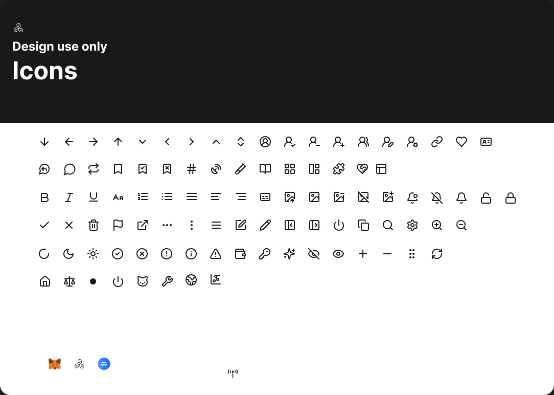 The icon set, following Lucide, with custom network and brand icons.