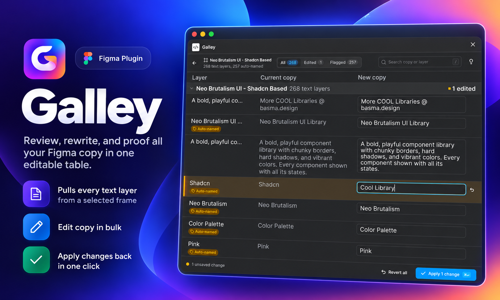 Galley plugin, a frame&rsquo;s text layers listed in an editable copy table inside Figma