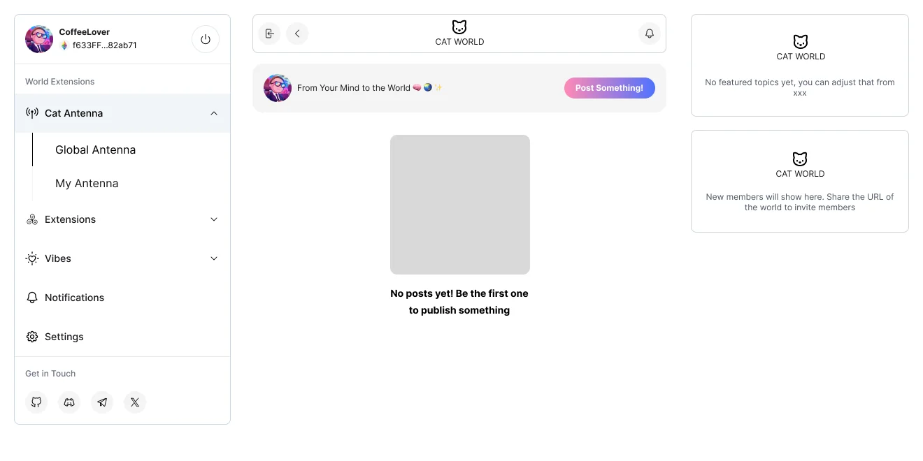 Preview World, from the Figma file: Cat World as a member would see it, the Antenna homepage, the sidebar in configuration order, empty widgets explaining what will show here.