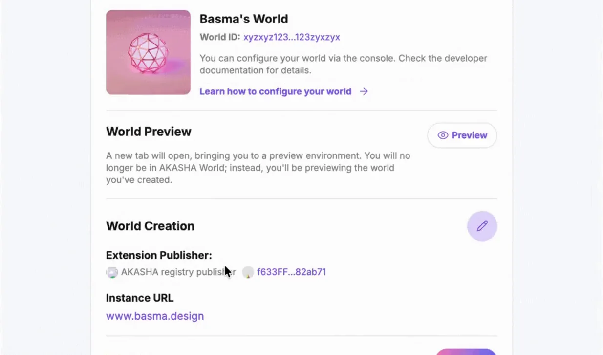 Shipped: the Dashboard's World Preview section, from the recording. Preview opens the world in a new tab.